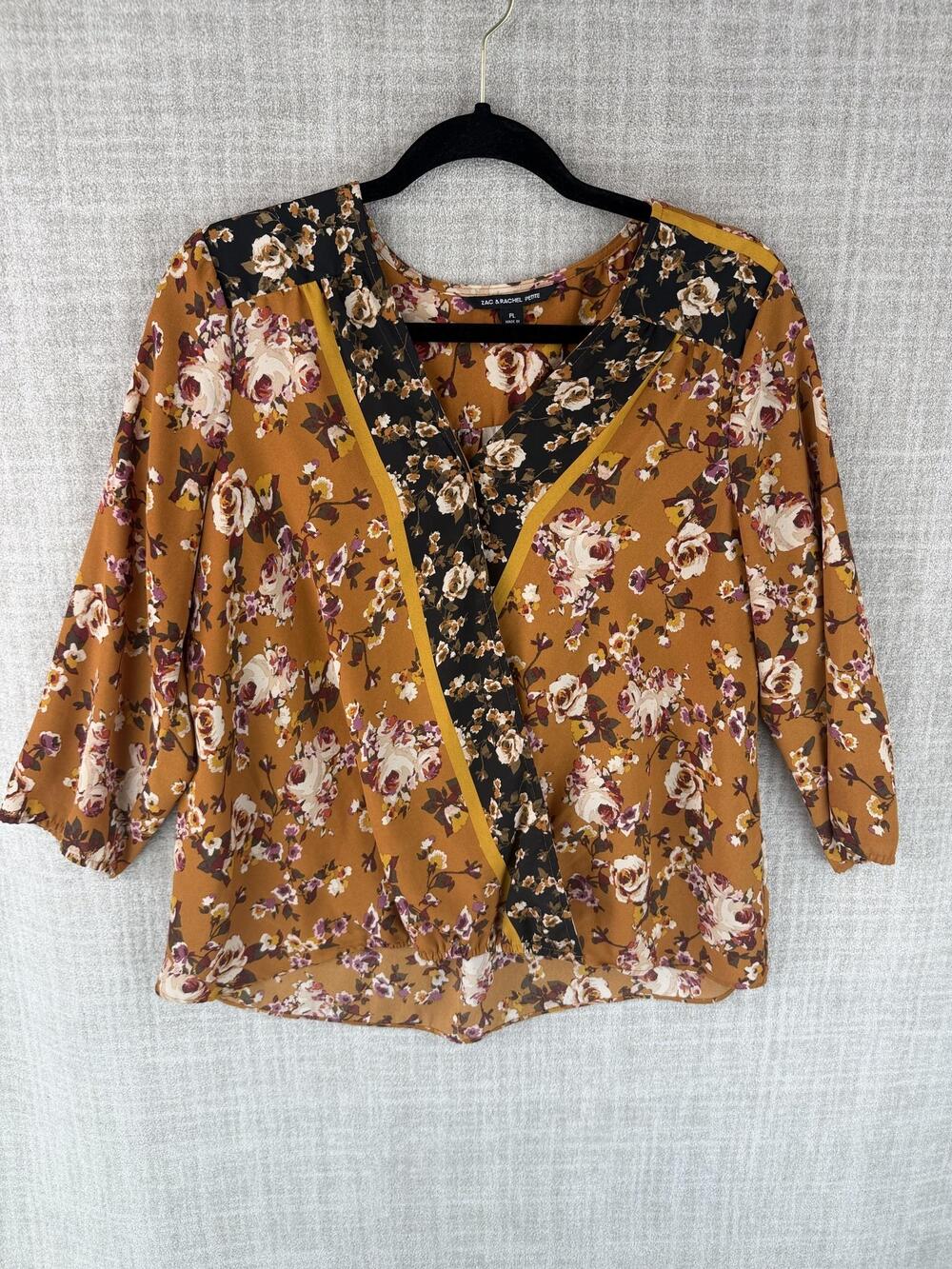 ZAC & RACHEL Blouse Womens PL Brown Floral Kimono 3/4 Sleeve Sheer Chiffon